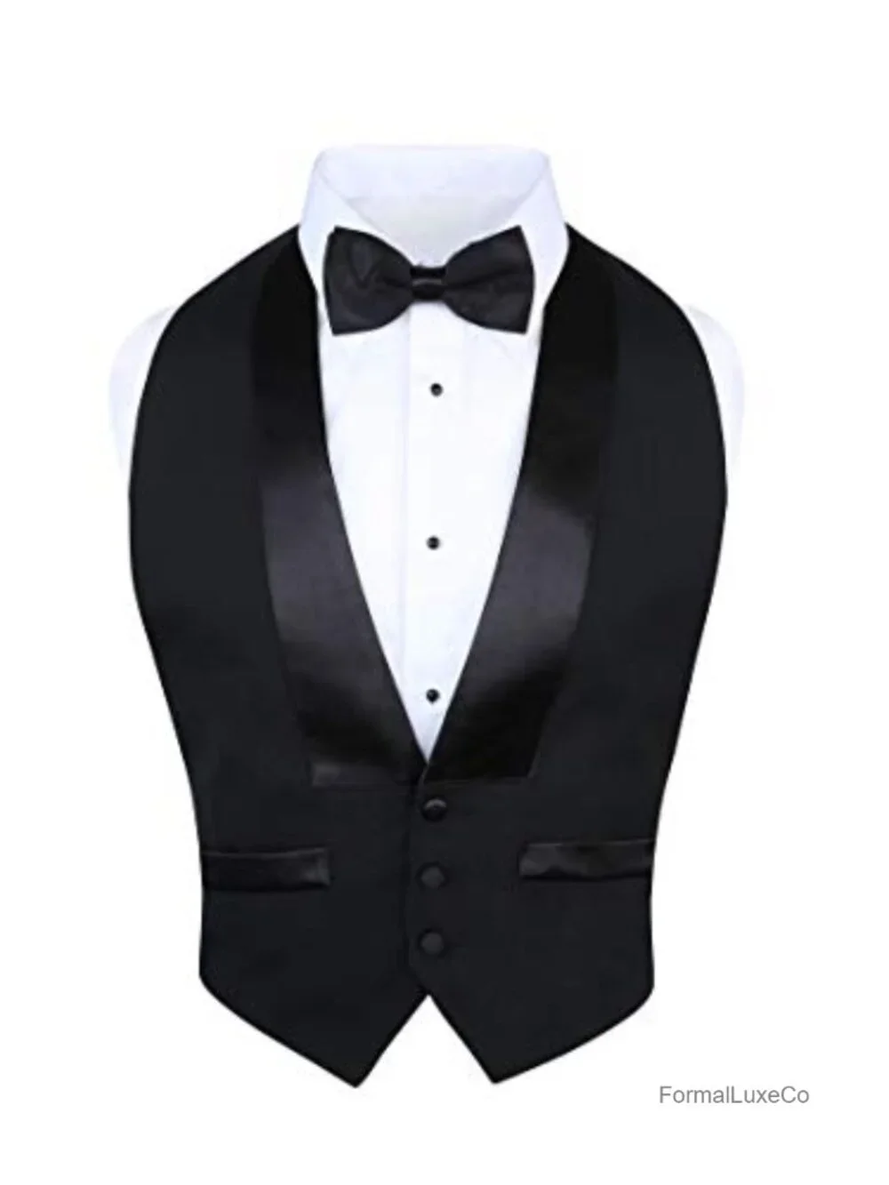 Men's 100% Wool Backless Tuxedo Vest & Satin Bow Tie Set Black